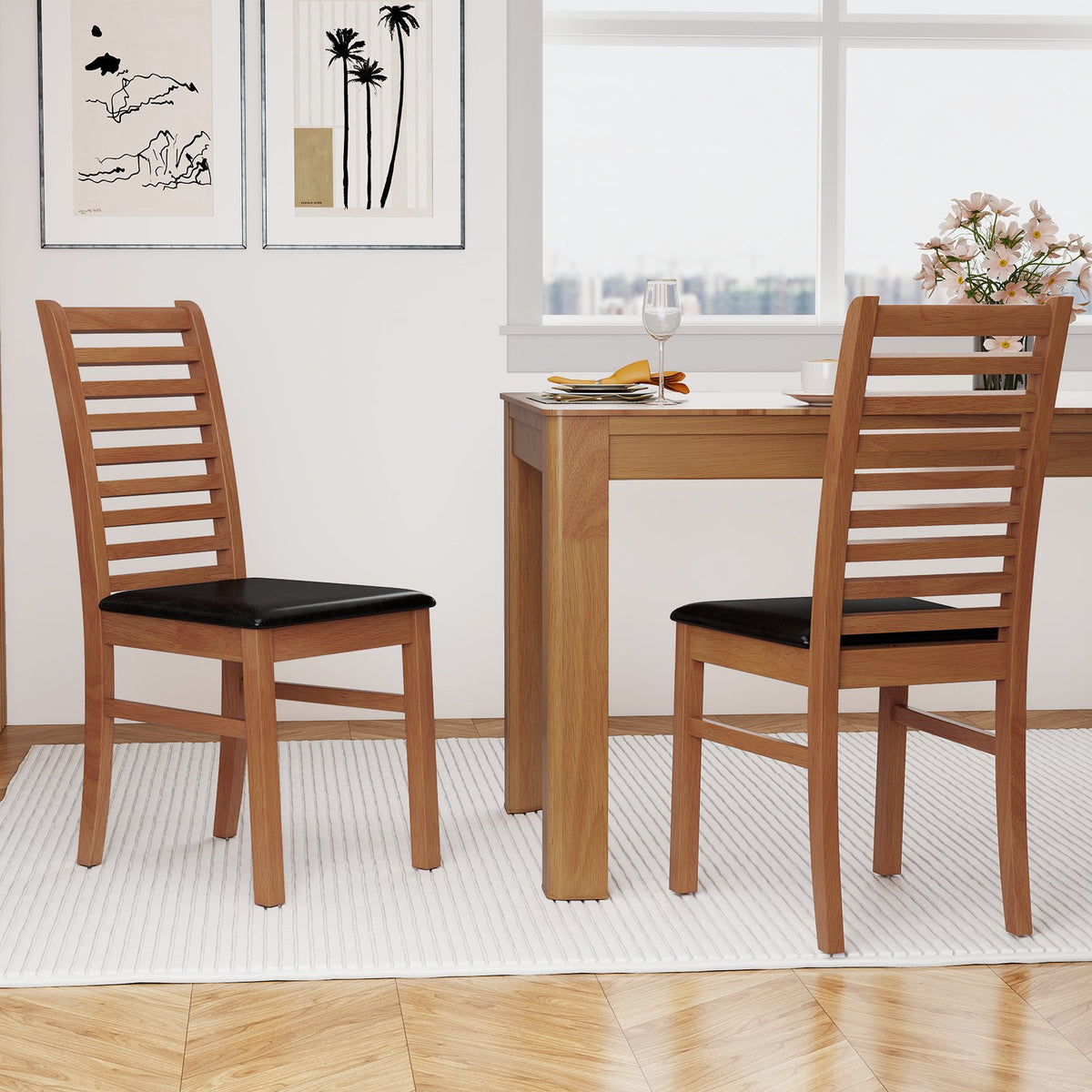 Set of 2 Wooden Dining Chair with Rubber Wood Legs for Living Room-Brown view 2
