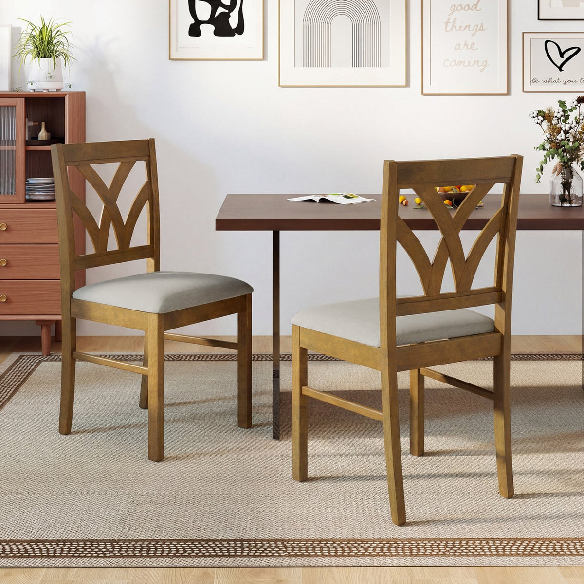 Set of 2 Wooden Dining Chairs Upholstered with Hollowed Backrest and Soft Padded Seat-Oak view 2