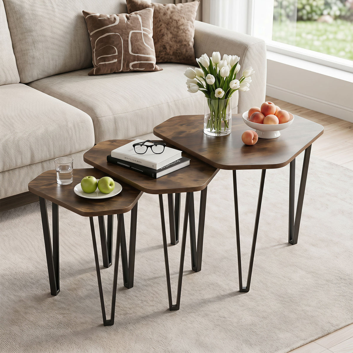 Set of 3 Nesting Coffee Tables with Engineered Wood Top and Metal Frame for Living Room-Rustic Brown view 2