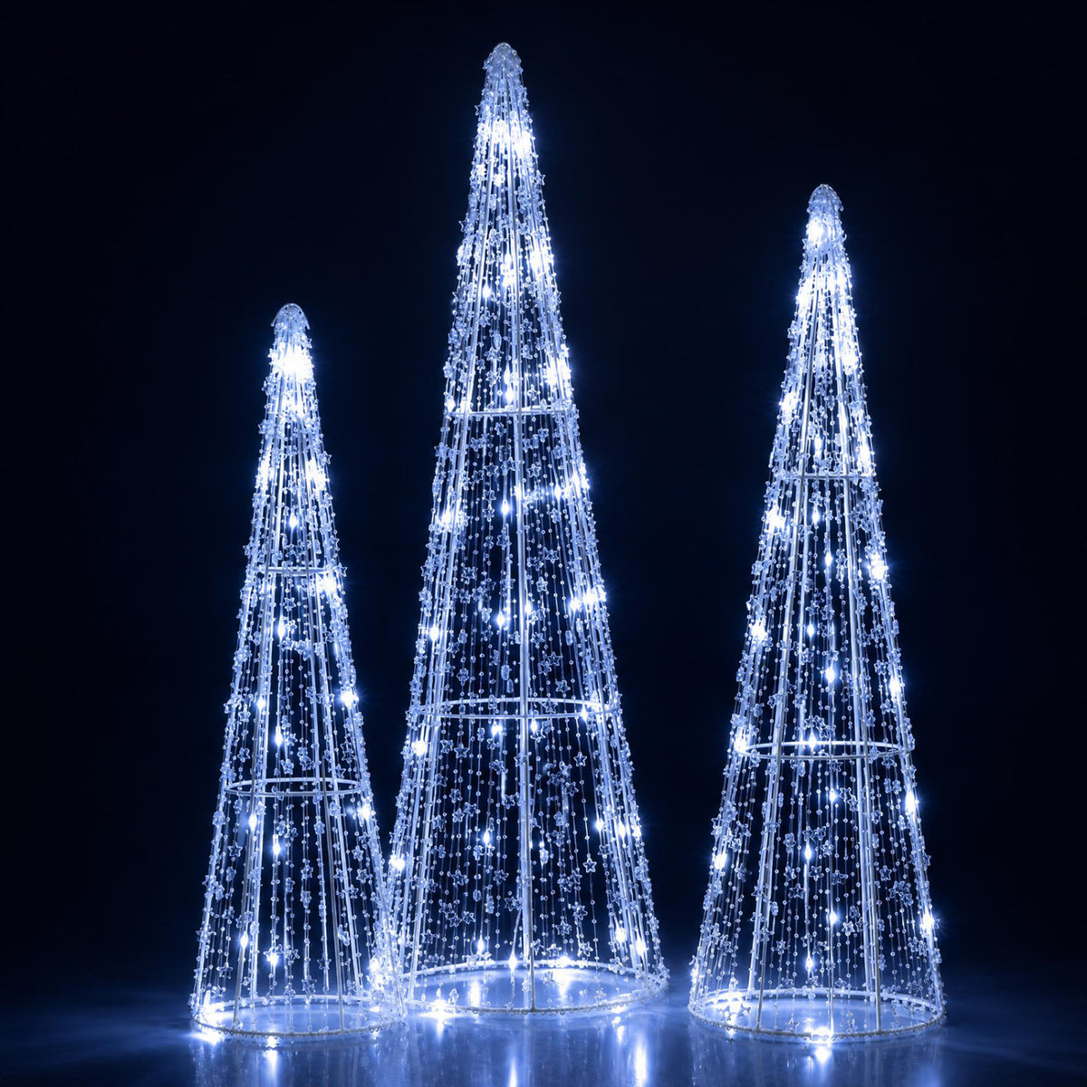 Set of 3 Pre-lit Christmas Cone Trees with Star Strings for Christmas-Cold White view 2
