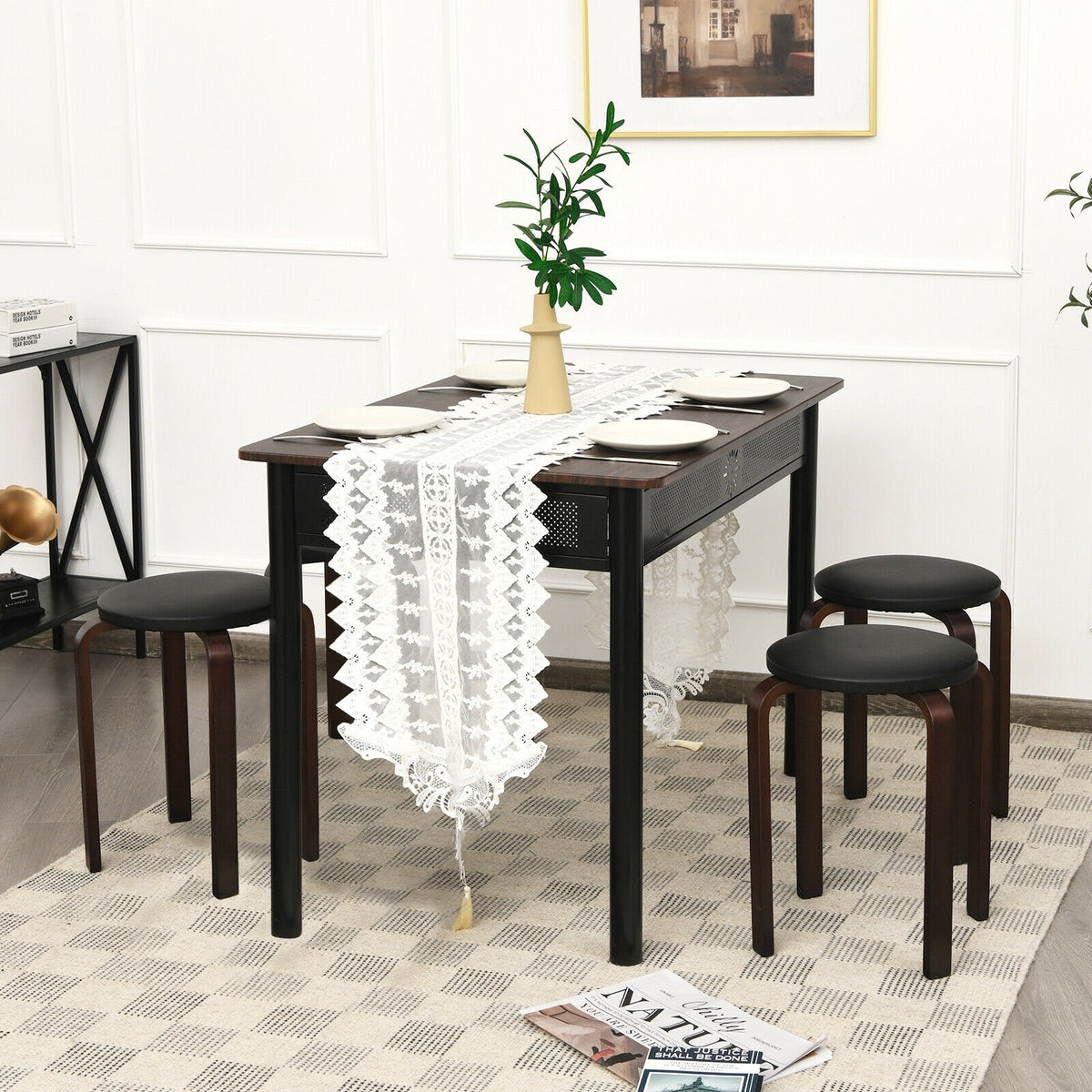 Set of 4 Bentwood Round Stool Stackable Dining Chairs with Padded Seat-Black view 2
