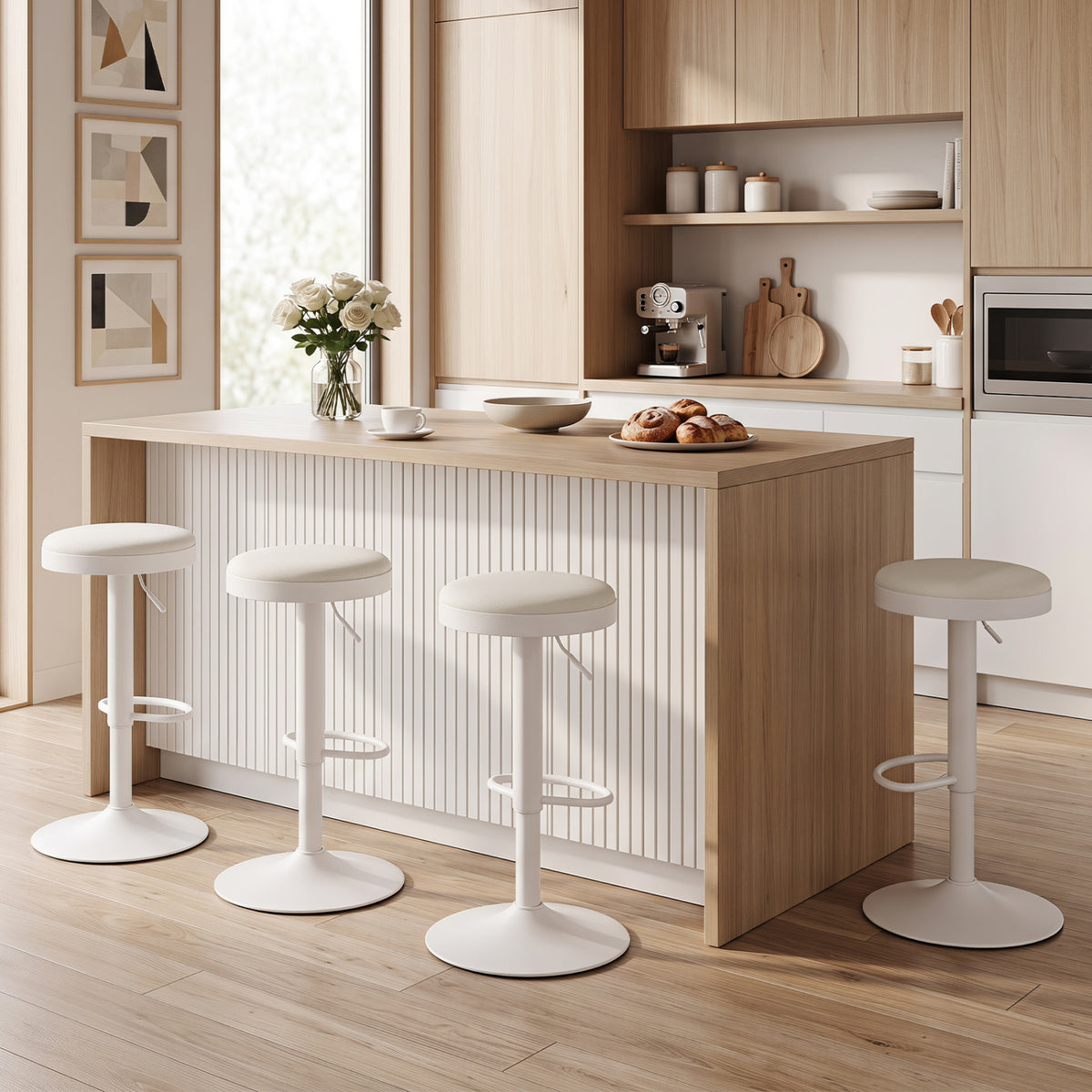 Set of 4 Kitchen Bar Stools with Height Adjustment Padded Seat and D-Shaped Footrest-White view 2