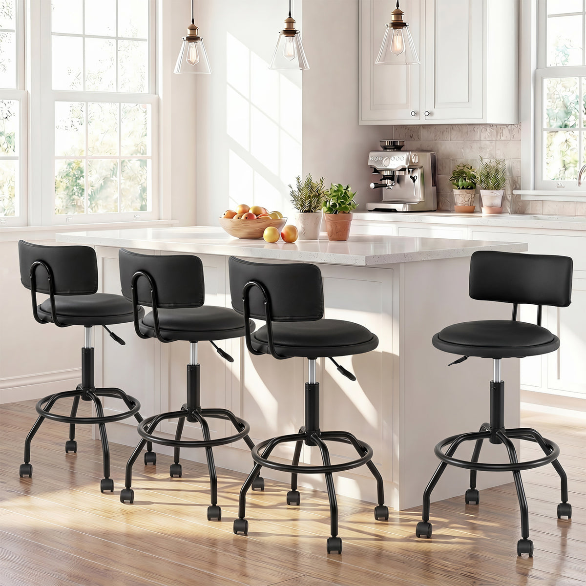 Set of 4 Modern Swivel Height Adjustable Bar Stool with Backrest-Black view 2