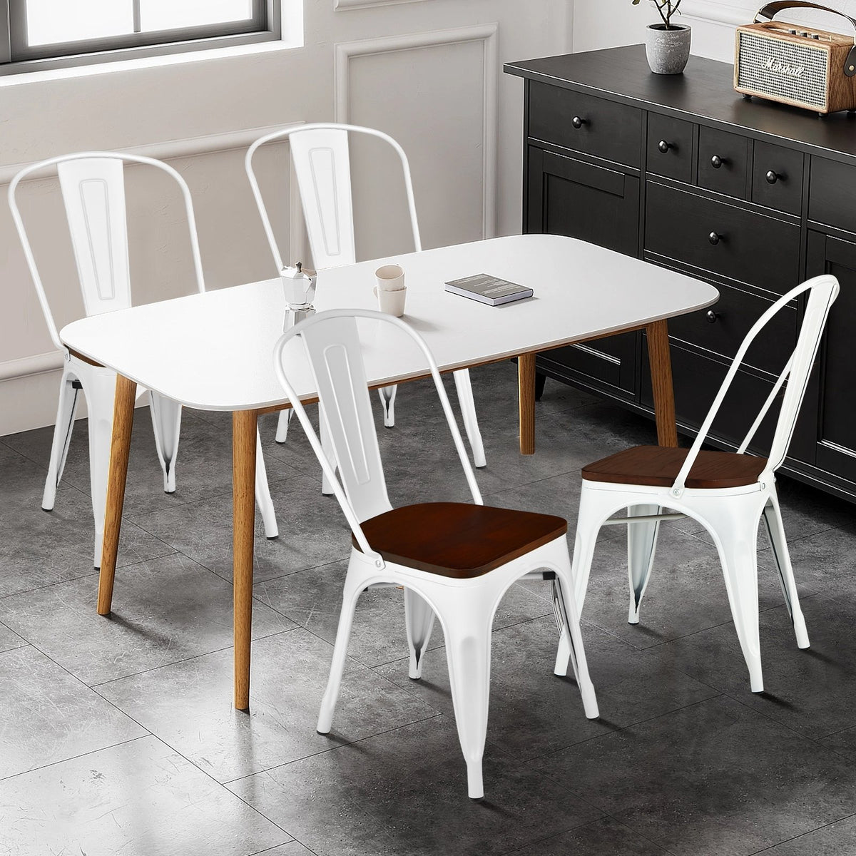 Set of 4 Tolix Style Metal Dining Wood Seat-White view 2