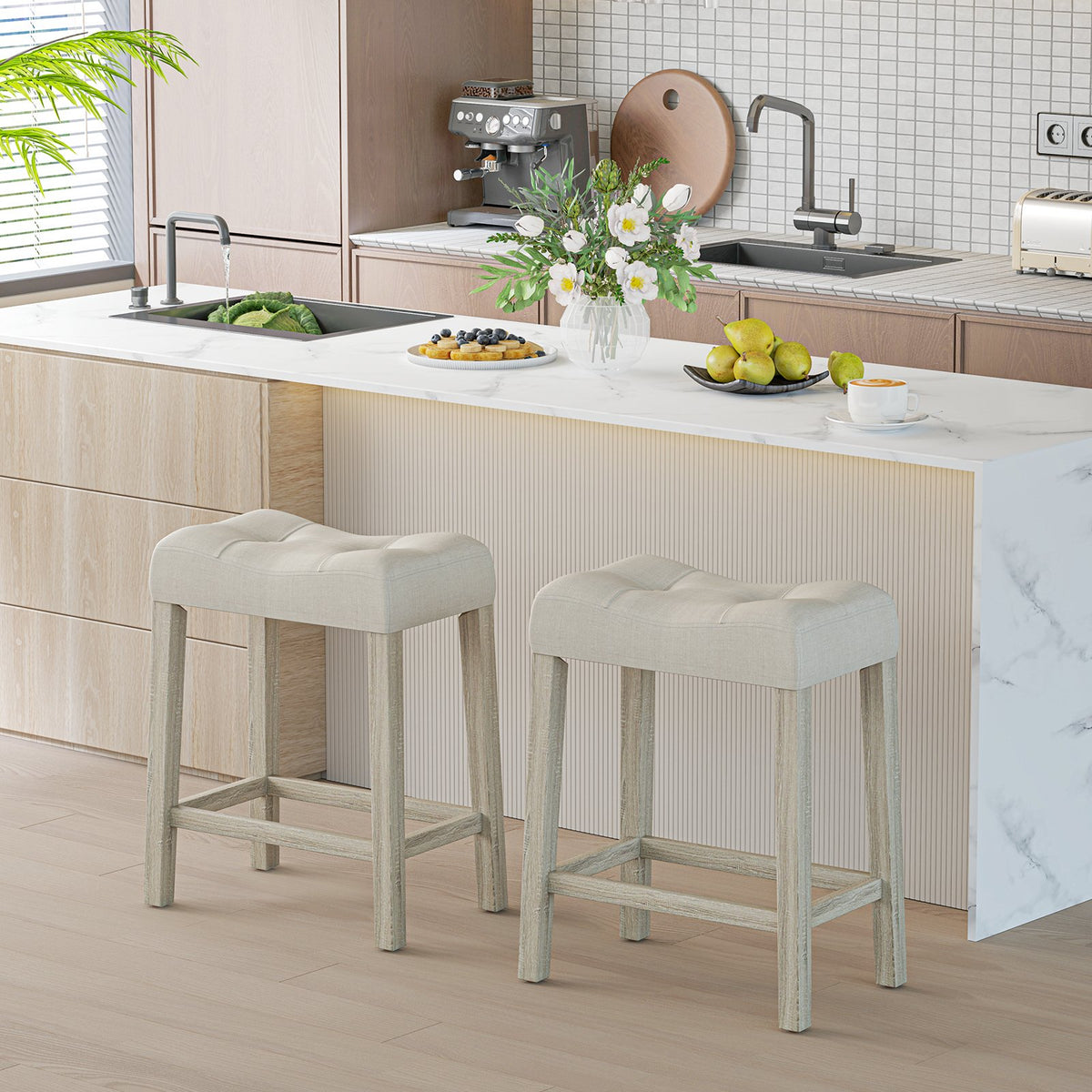 Set of 2 Upholstered Counter Height Bar Stool with Curved Saddle-Seat-Light Gray view 2