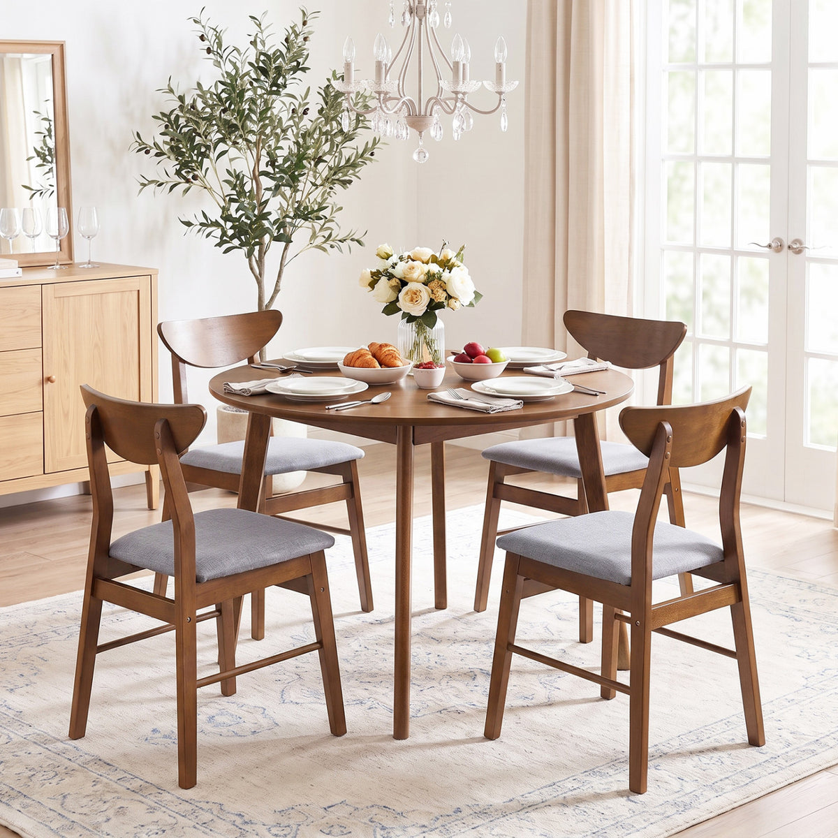 Set of 4 Upholstered Dining Chairs with Curved Backrest and Rubber Wood Frame-Walnut view 2