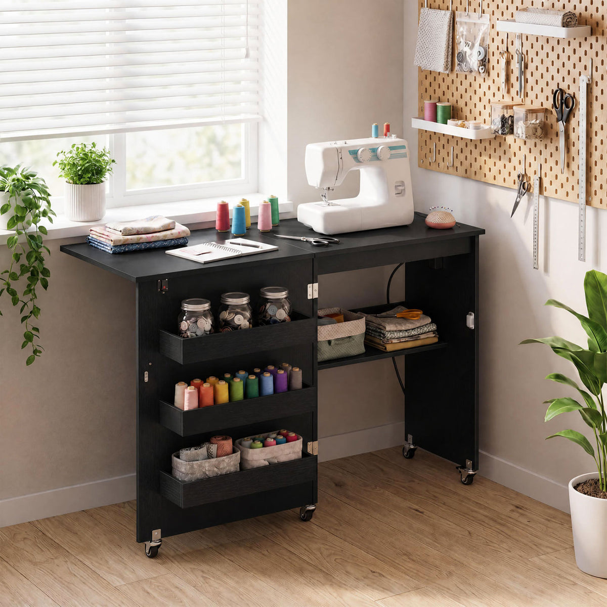 Sewing Machine Table with Charging Station and Lockable Casters-Black view 2