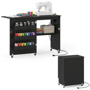 Sewing Machine Table with Charging Station and Lockable Casters-Black view 4
