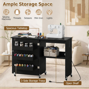 Sewing Machine Table with Charging Station and Lockable Casters-Black view 7