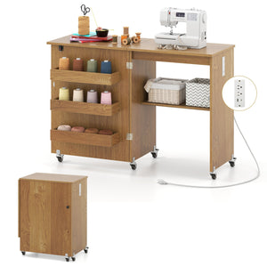 Sewing Machine Table with Charging Station and Lockable Casters-Natural