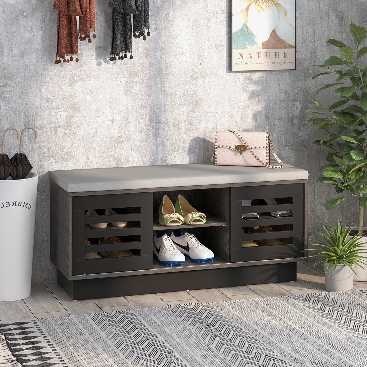Shoe Bench with 6 Storage Compartments and 3 Adjustable Shelves-Gray view 2