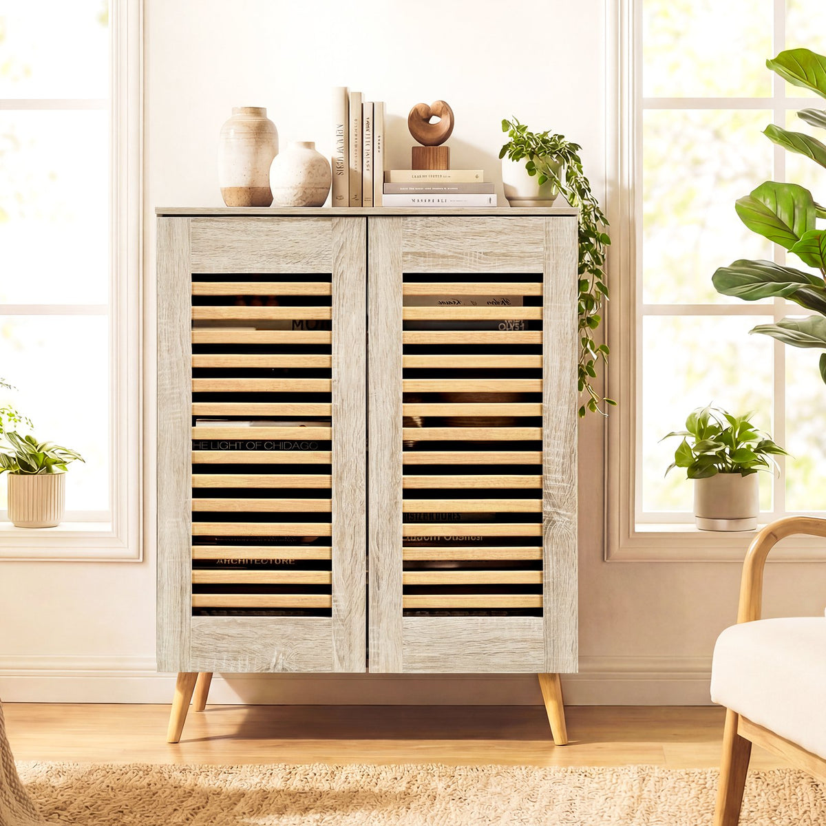 Shoe Cabinet with Louvered Doors and Removable Shelves-Natural view 2