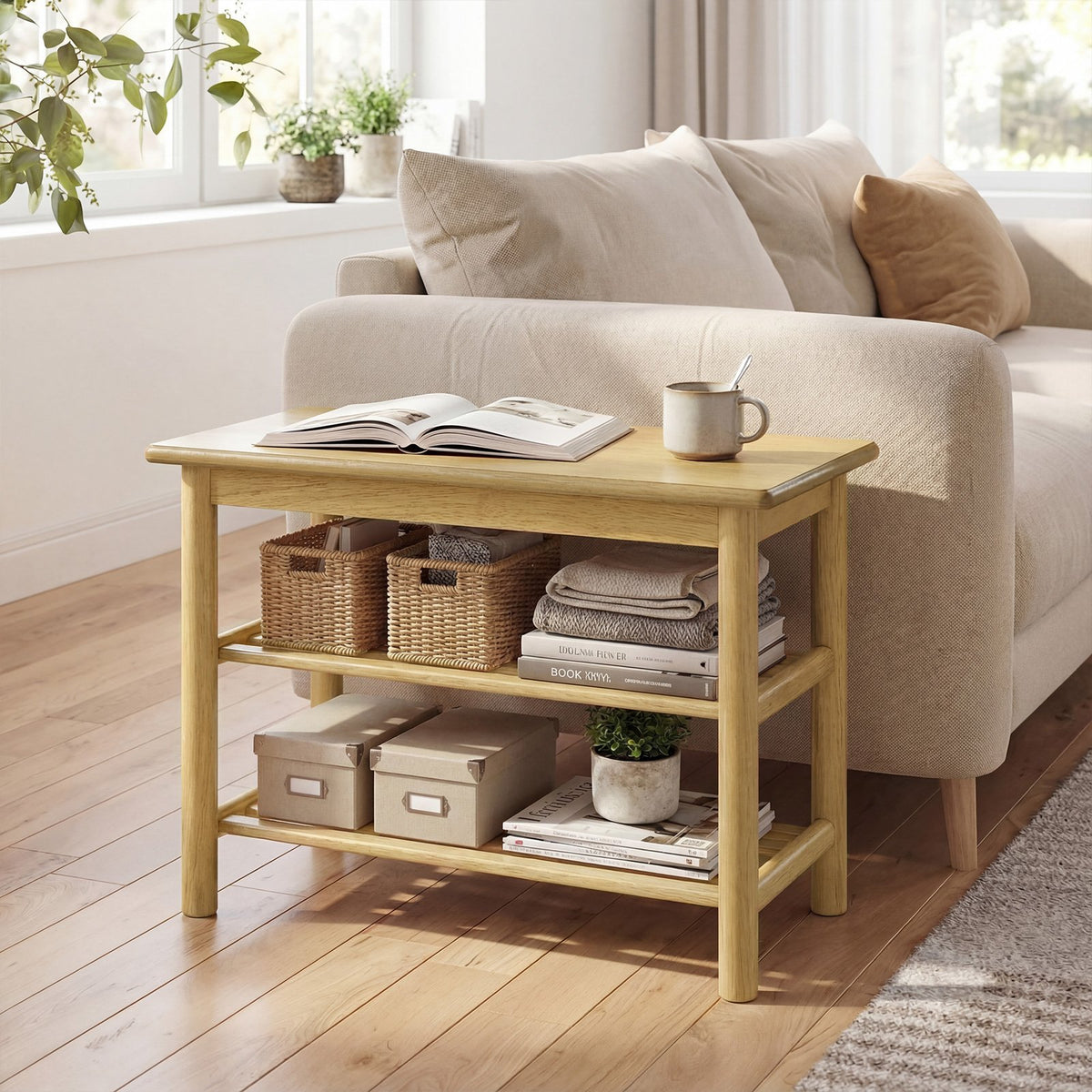 Shoe Rack Bench 3-Tier Rubberwood Shoe Changing Bench-Natrual view 2