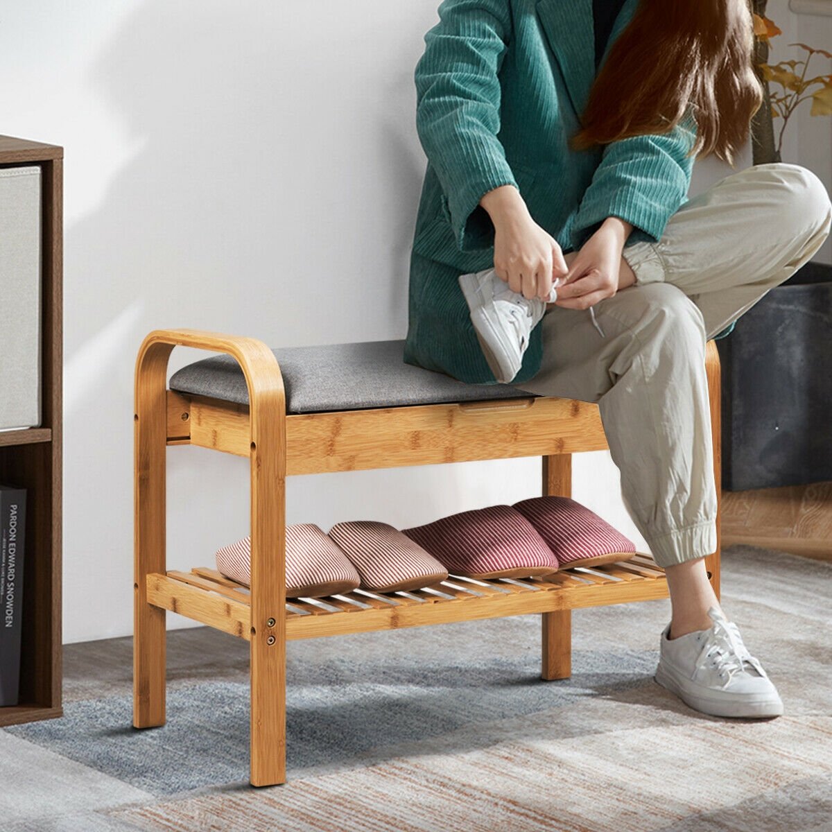 Shoe Rack Bench Bamboo with Storage Shelf-Natural view 2