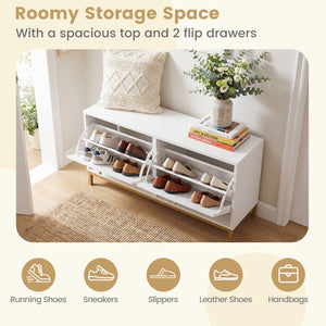 Shoe Storage Bench Narrow Entryway Bench with 2 Flip Drawers Adjustable Shelves-White view 7