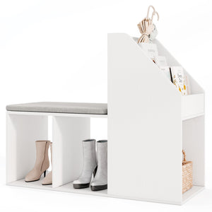 Shoe Storage Bench with Removable Seat Cushion and 6 Storage Compartments-White view 4