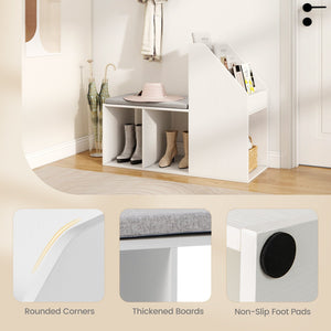 Shoe Storage Bench with Removable Seat Cushion and 6 Storage Compartments-White view 6