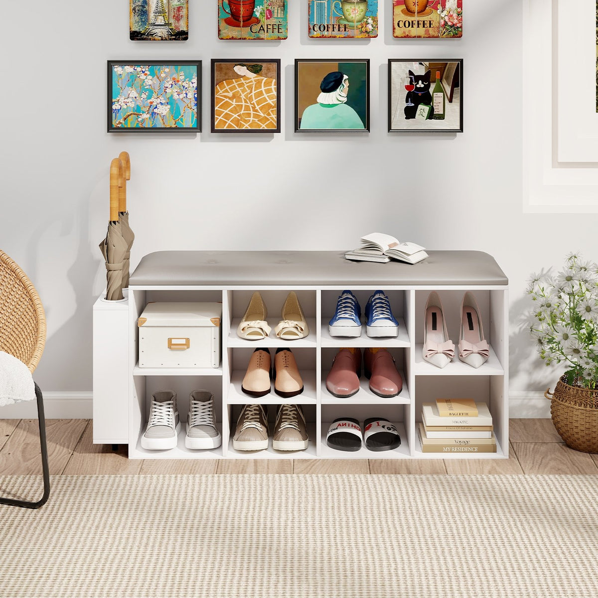 Shoe Storage Bench with Umbrella Stand and Adjustable Shelf-White view 2