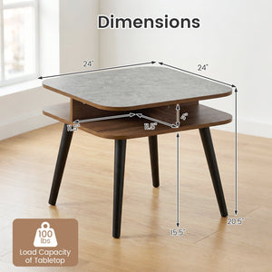 Side Table Faux Marble End Table with Storage Shelves and Rubber Wood Legs-Walnut view 5