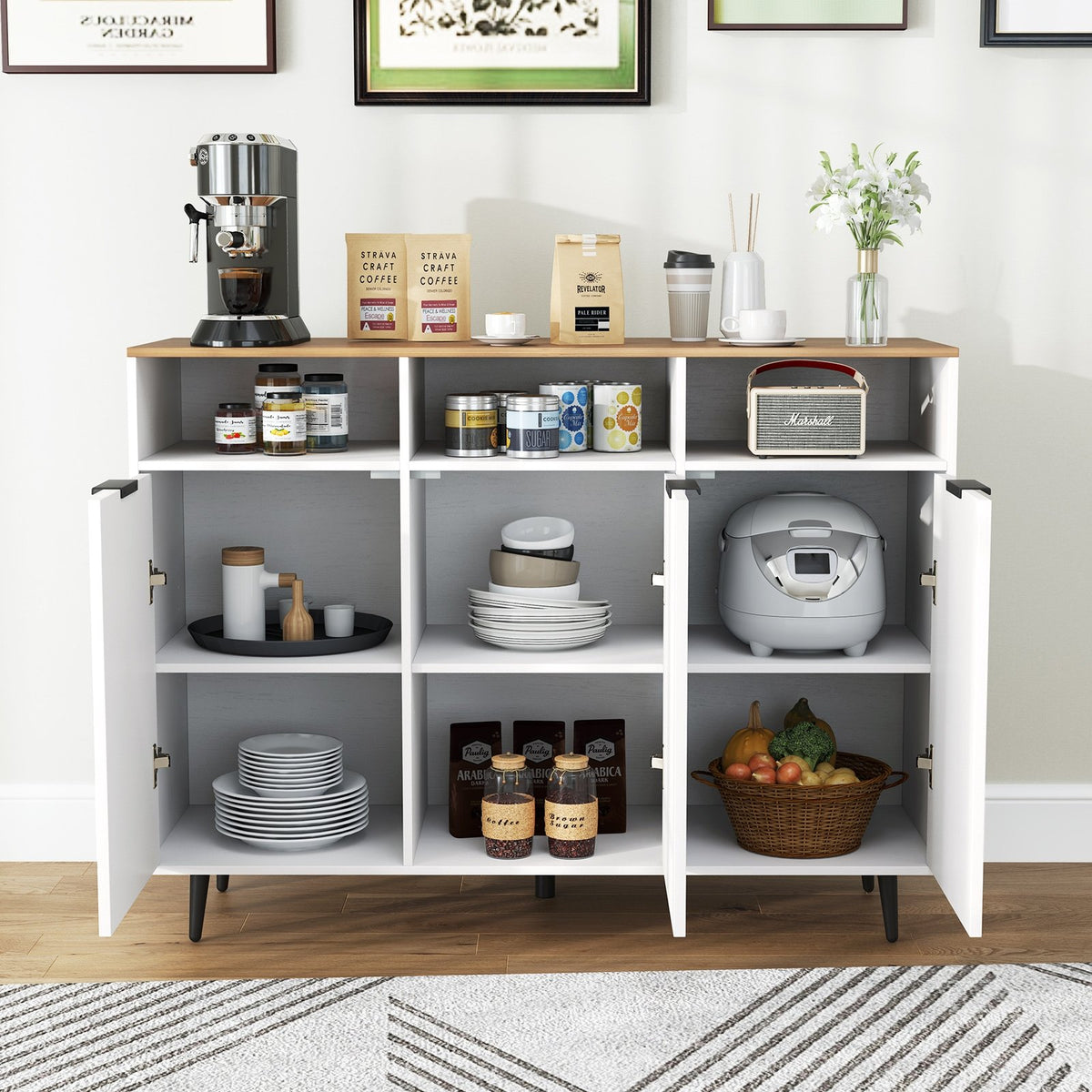 Sideboard Buffet Cabinet Kitchen Storage Cabinet with 5-Position Adjustable Shelves-White view 2