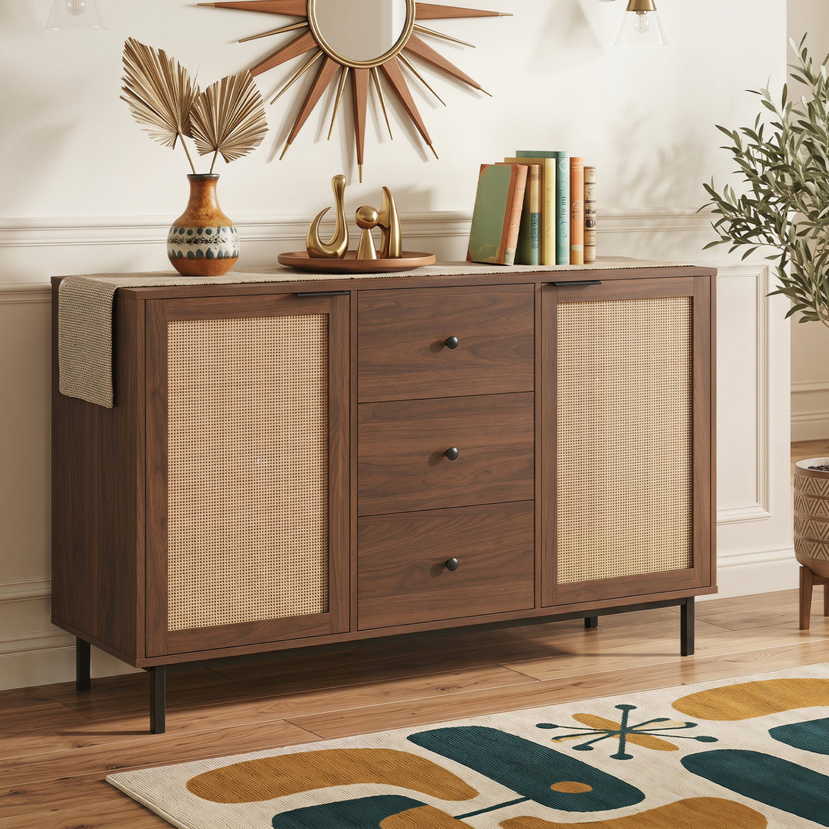 Sideboard Buffet Cabinet Rustic Farmhouse Coffee Bar Table with 2 Rattan Doors and 3 Drawers-Brown view 2