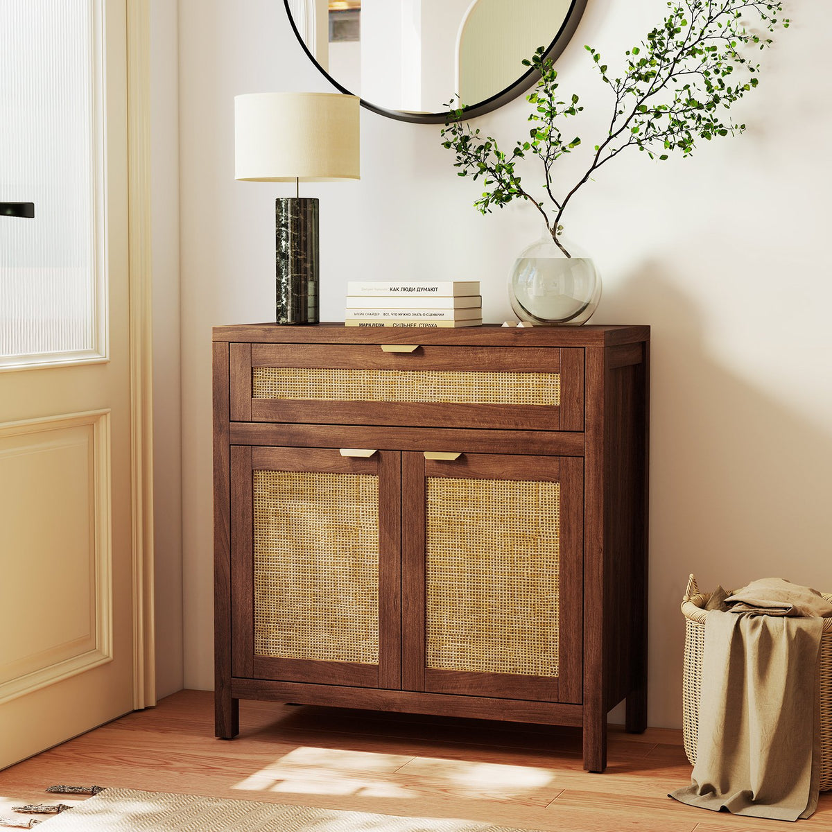 Sideboard Storage Cabinet with Rattan Doors and Drawer-Brown view 2