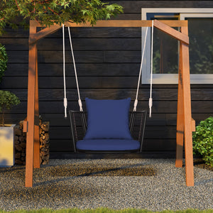Single Person Hanging Seat with Woven Rattan Backrest for Backyard-Blue view 3