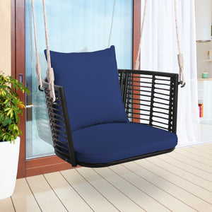 Single Person Hanging Seat with Woven Rattan Backrest for Backyard-Blue view 8
