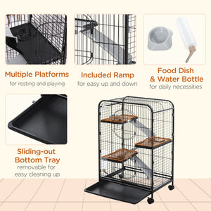 37"H Ferret Cage, 4-Tier Rolling Rabbit Ferret Chinchilla Squirrel Cage with Removable Tray, Platform, Ramp, Food Dish, Water Bottle, 24" x 17" x 37"