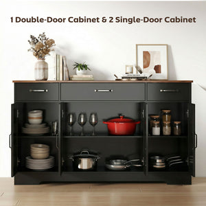 Sideboard Buffet Cabinet, 55" Farmhouse Kitchen Cabinet with 4 Barn Doors, 3 Drawers, 3 Adjustable Shelves – view 3
