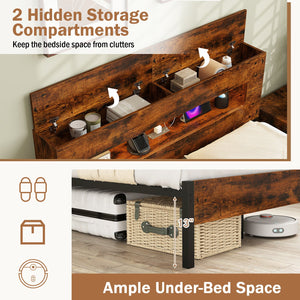 Slatted Full Bed Frame with LED Lights and Storage Headboard No Box Spring Needed-Full Size view 5