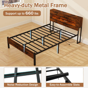 Slatted Full Bed Frame with LED Lights and Storage Headboard No Box Spring Needed-Full Size view 6