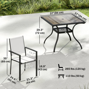 5 Piece Outdoor Patio Dining Set, Dining Table and 4 Stackable Chairs with Umbrella Hole, Shelf