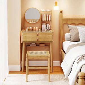 Small Vanity Desk and Stool Set with Mirror and 2 Drawers view 2