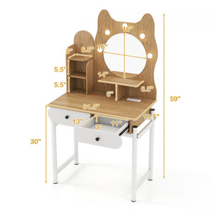Small Vanity Desk with Mirror and Lights Cute Kitty Makeup Table with Power Outlets-Natural view 4