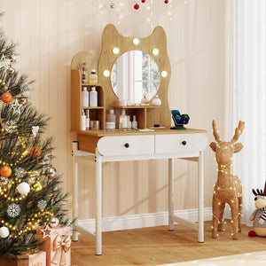 Small Vanity Desk with Mirror and Lights Cute Kitty Makeup Table with Power Outlets-Natural view 5