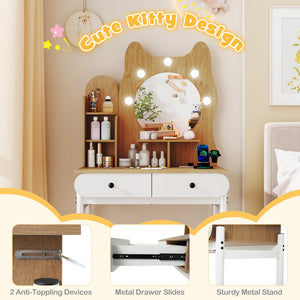 Small Vanity Desk with Mirror and Lights Cute Kitty Makeup Table with Power Outlets-Natural view 6