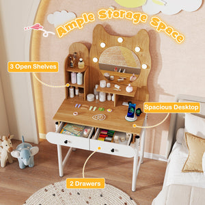 Small Vanity Desk with Mirror and Lights Cute Kitty Makeup Table with Power Outlets-Natural view 7