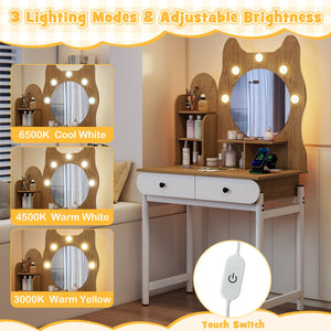 Small Vanity Desk with Mirror and Lights Cute Kitty Makeup Table with Power Outlets-Natural view 8