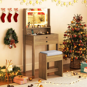 Small Vanity Desk with Mirror and Lights for Bedroom-Natural view 5
