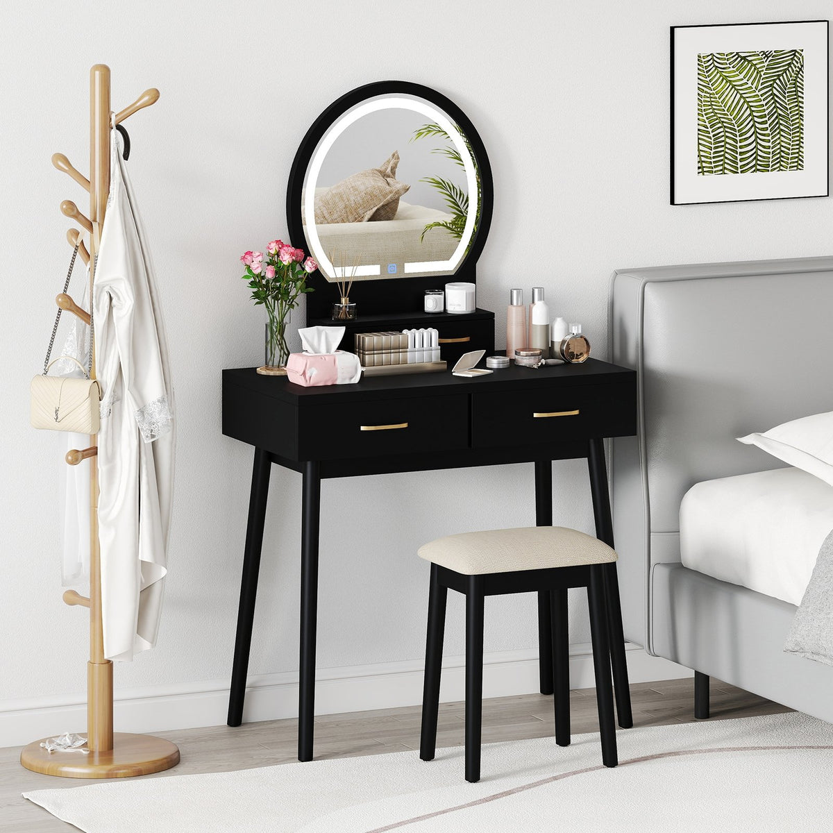 Small Vanity Makeup Dressing Table Set with Cushioned Stool and LED Lighted Mirror-Black view 2