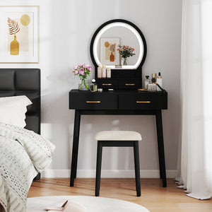 Small Vanity Makeup Dressing Table Set with Cushioned Stool and LED Lighted Mirror-Black view 3