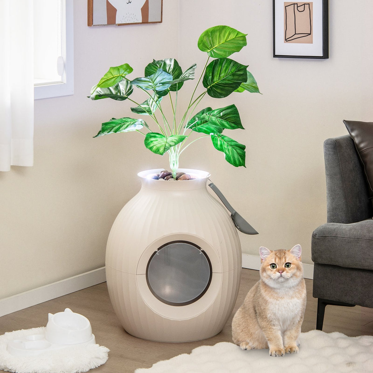 Smart Plant Cat Litter Box with Electronic Odor Removal & Sterilization-Beige view 2