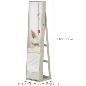 Mirror Jewelry Cabinet Armoire, Lockable Jewelry Organizer with Full-Length Mirror, LED Lights, Standing Jewelry Armoire in White Wood