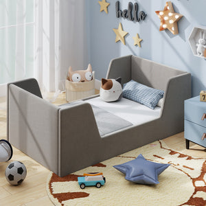 Soft Velvet Fabric Toddler Bed Frame with Safety Rails-Gray view 6