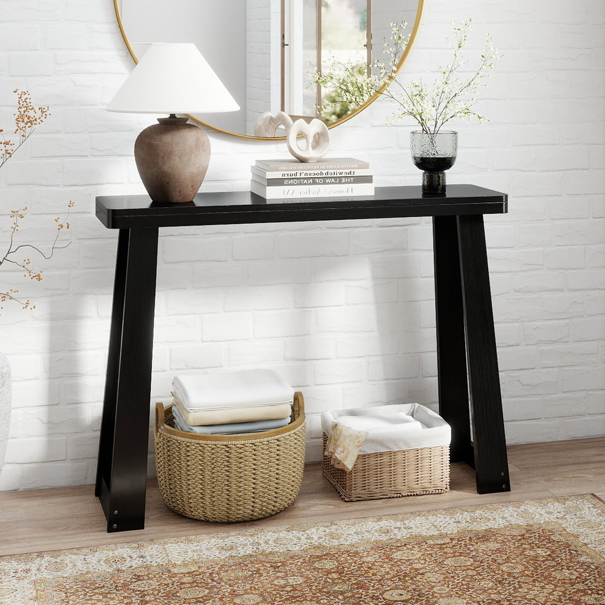 Solid Rubber Wood Console Table 43inch Narrow Entryway Table with Thick Tabletop and Stable Base-Black view 2