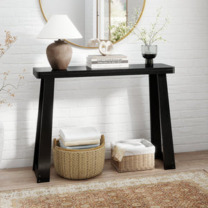 Solid Rubber Wood Console Table 43inch Narrow Entryway Table with Thick Tabletop and Stable Base-Black view 2