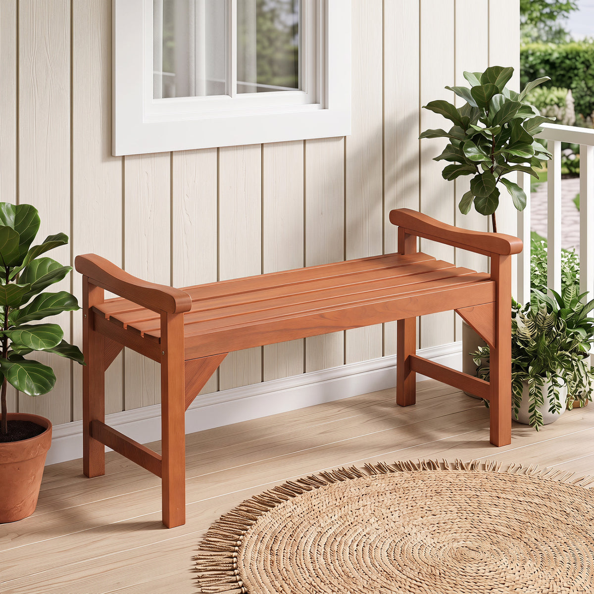 Solid Wood Backless Garden Bench with Support Handles and Curved Slatted Seat for Deck view 2