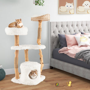 Solid Wood Cat Tower with Top Cattail Basket Cat Bed for Indoor Cats-White view 3
