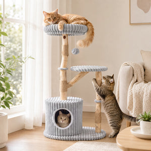 Solid Wood Cat Tree 41 Inch with Real Branches & Scratching Posts and Cozy Bed-Gray view 2